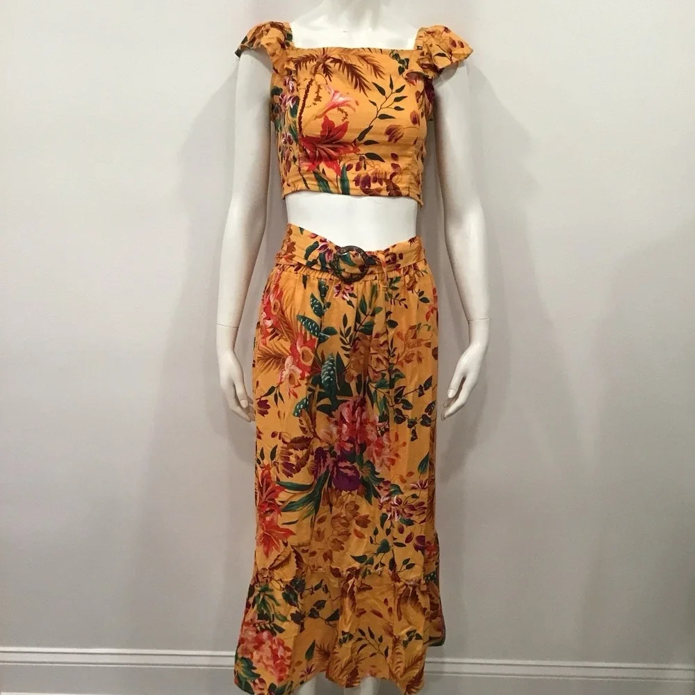 Rachel Roy Linen Skirt Set 3 Blouse Maxi Skirt Belt Floral Vacation Outfit Small